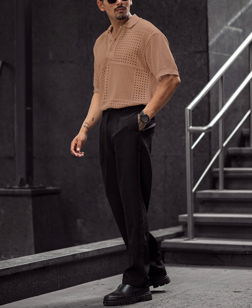 Brown Half Sleeves Oversized Crochet T-Shirt