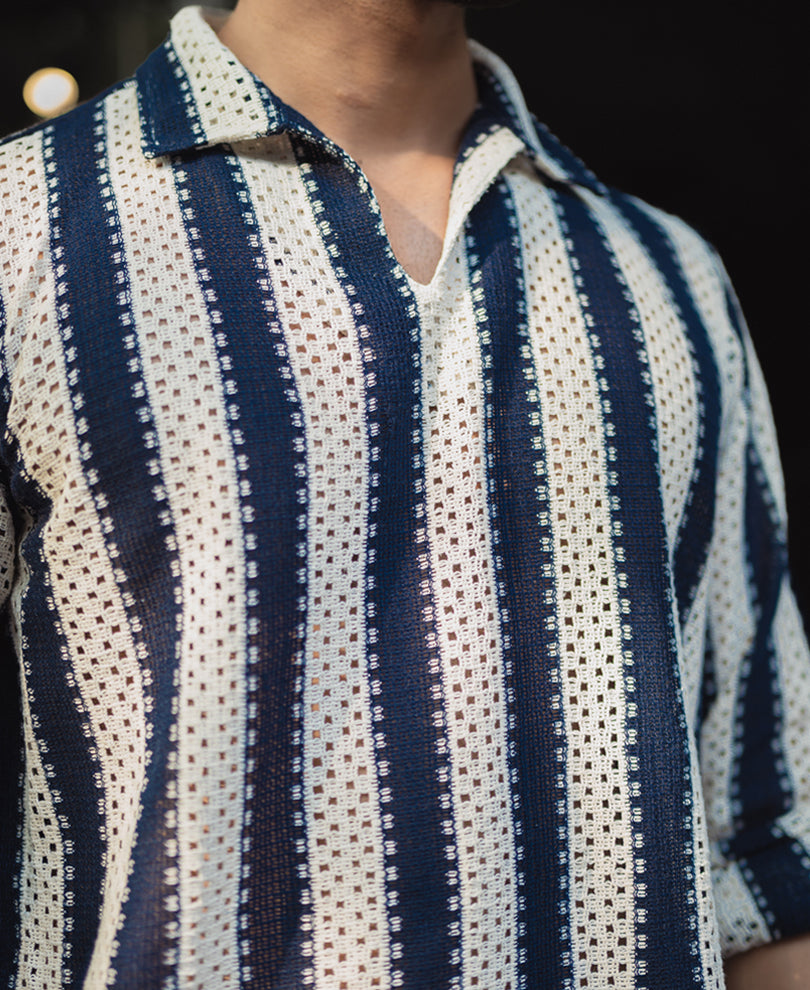 Navy Blue And Off White Stripes Regular Fit Full Sleeves Shirt