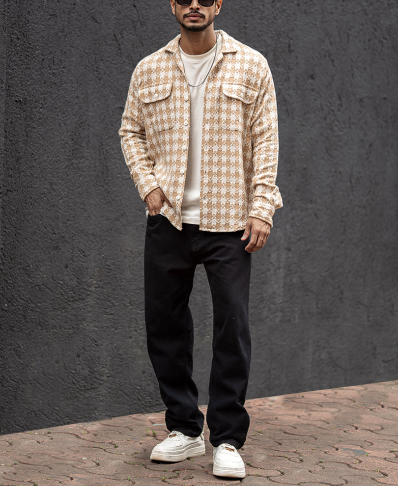 Beige Checks Regular Fit Full Sleeves Shirt