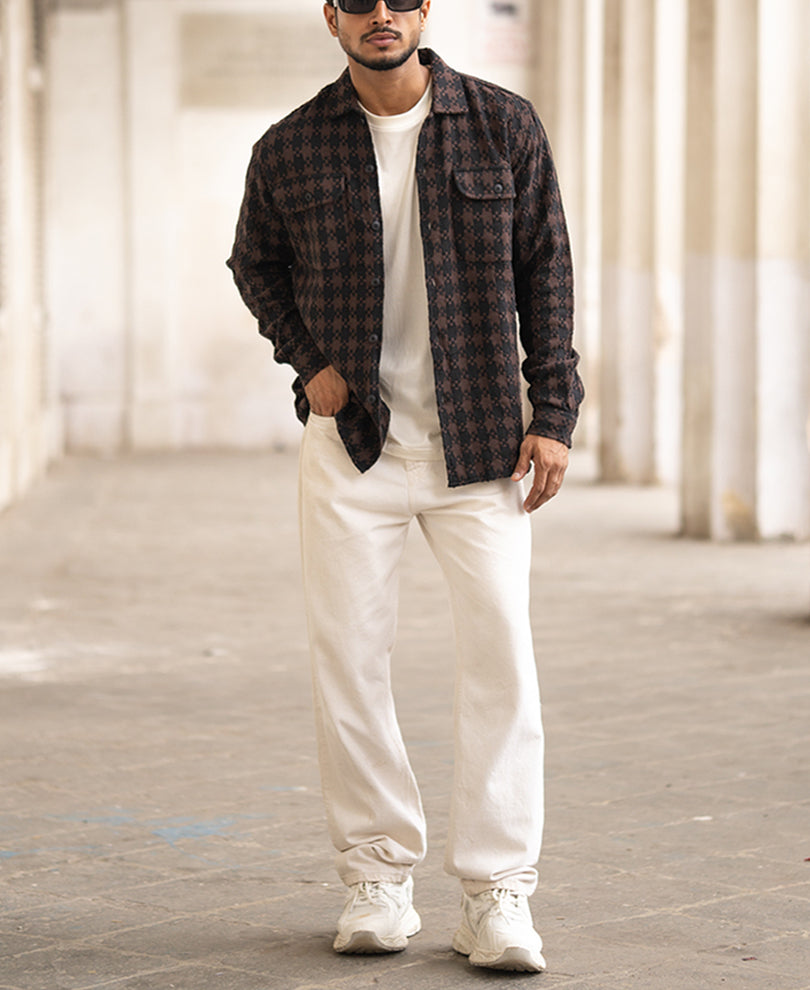 Brown And Black Structured Regular Fit Full Sleeves Shirt