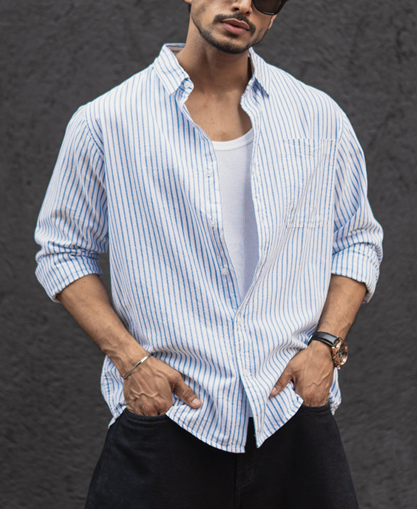 White and Blue Stripes Regular Fit Full Sleeves Shirt
