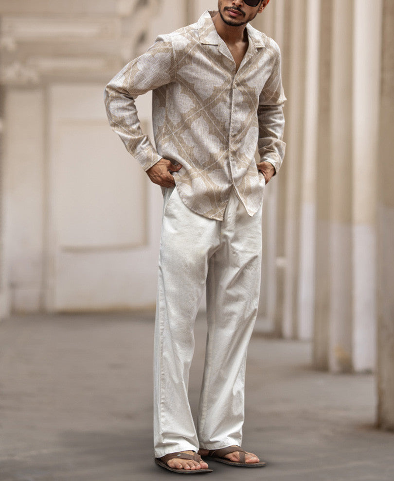 Beige Regular Fit Printed Full Sleeves Shirt