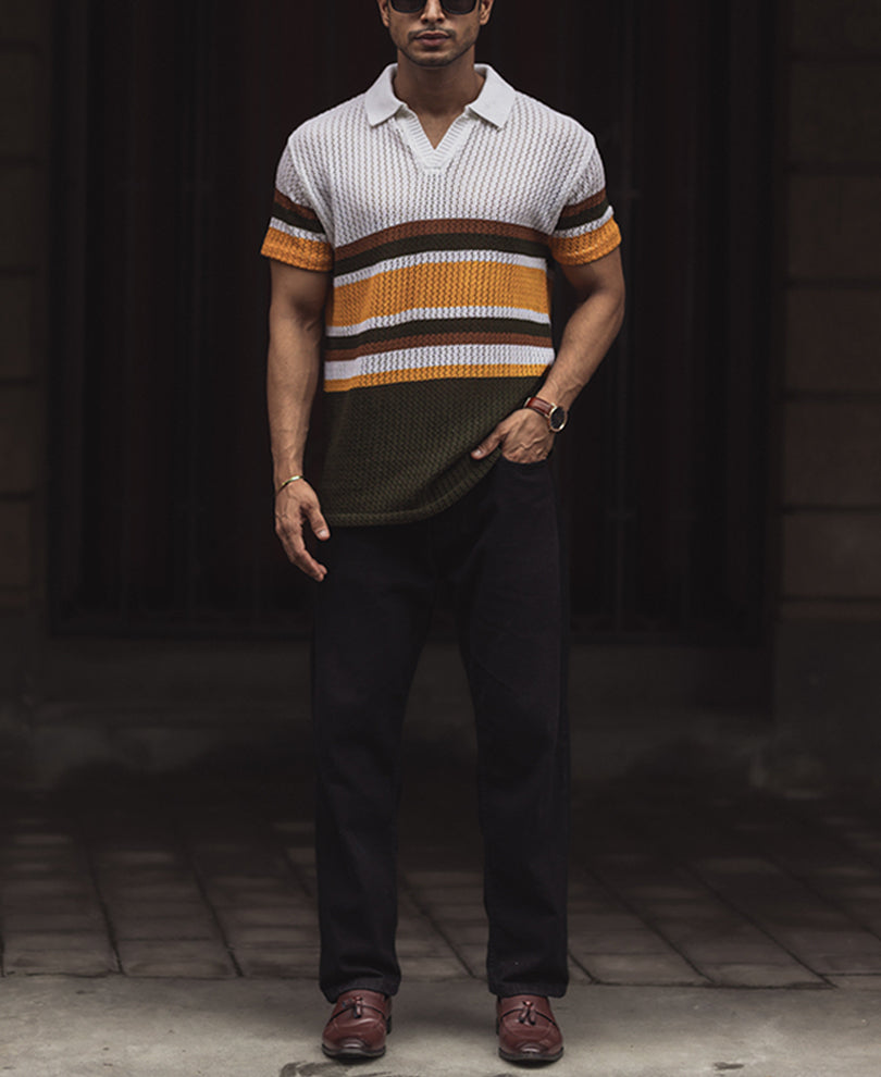 Multi Colour Crochet Regular Fit Half Sleeves T-Shirt