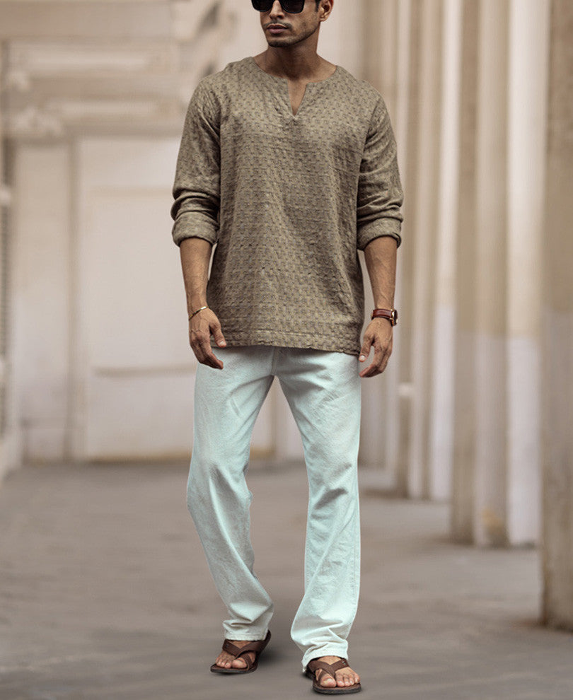 Beige Structured Regular Fit Full Sleeve Kurta Style Shirt