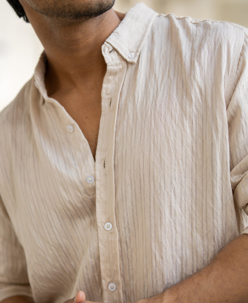 Cream Structured Regular Fit Full Sleeves Shirt.