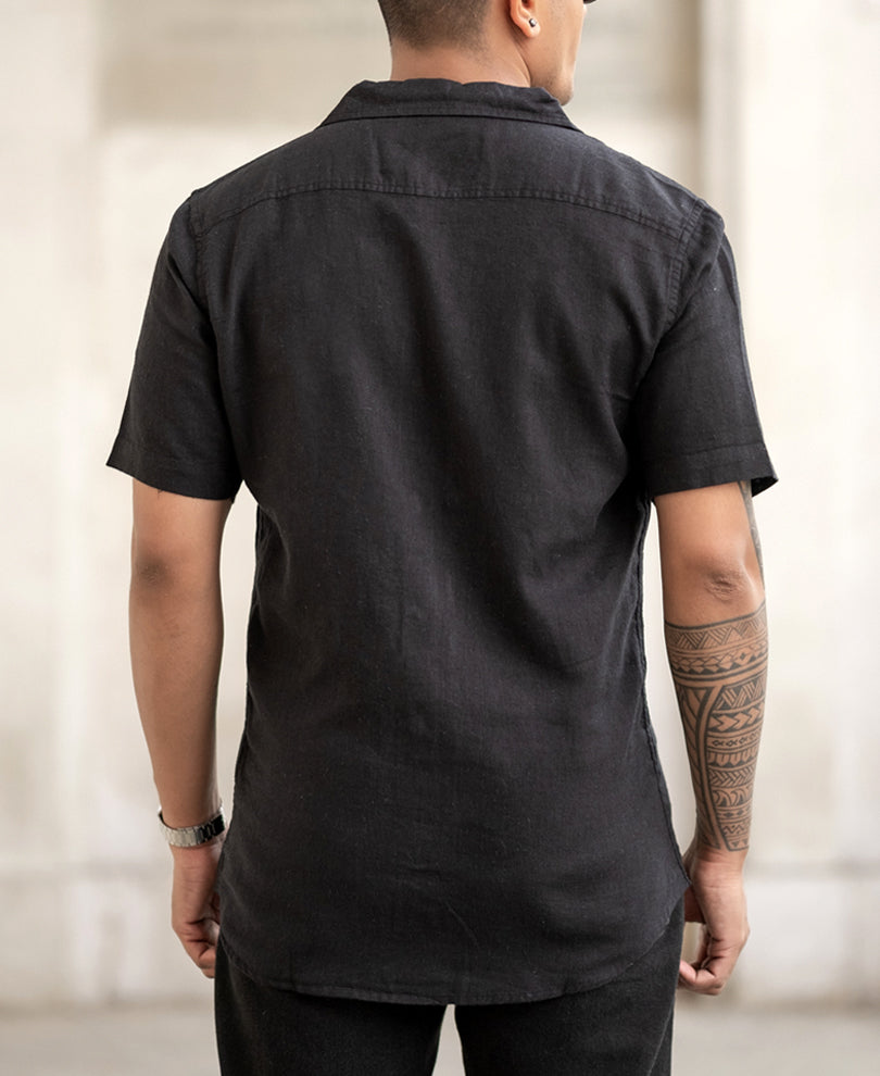 Black Linen Regular Fit Half Sleeves Shirt
