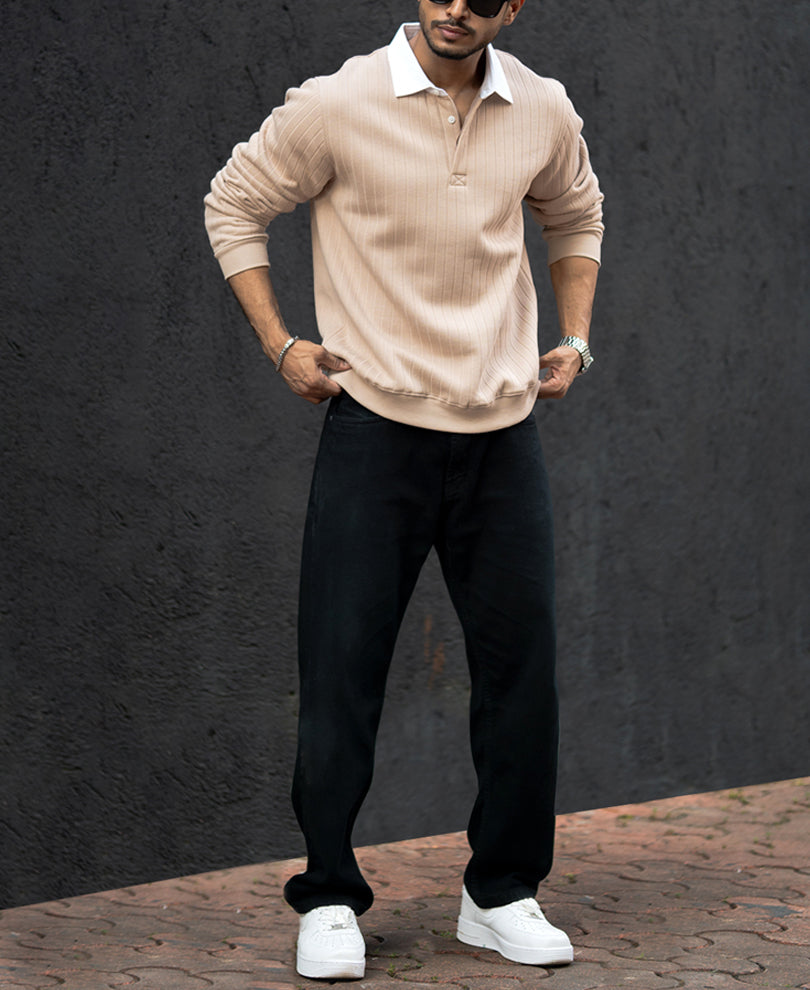 Light Beige Full Sleeves Regular Fit T-Shirt