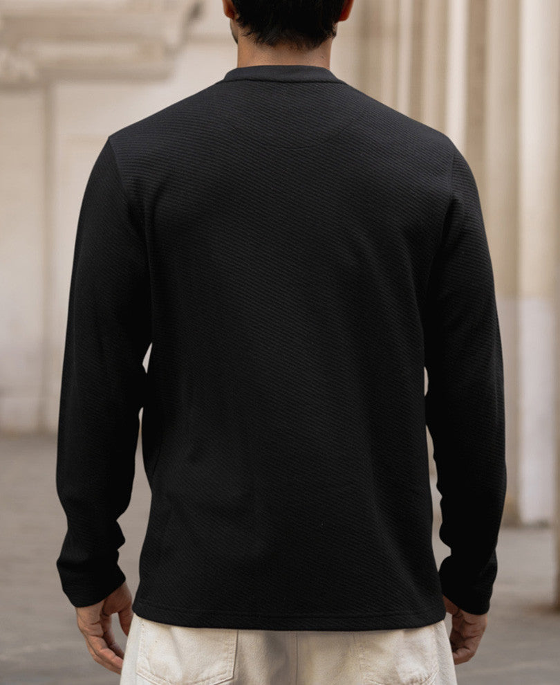 Black Structured Regular Fit Full Sleeves T-Shirt