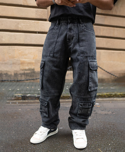 Charcoal Black Multi Pockets Baggy Fit Denim Jeans