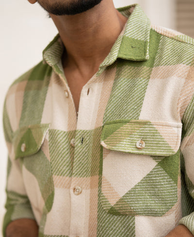Green And Offwhite Checked Regular Fit Full Sleeves Shirt