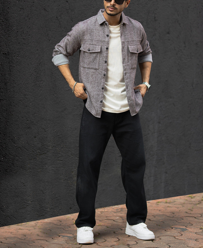 Dark Brown Regular Fit Structured Full Sleeves Shirt