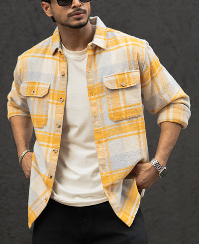 Mustard And Off-White Checks Regular Fit Full Sleeves Shirt