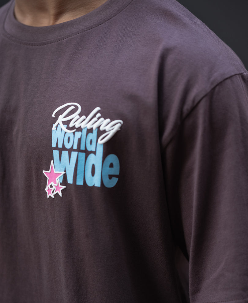 Coffee Brown World Wide Print Oversized Half Sleeves T-Shirt