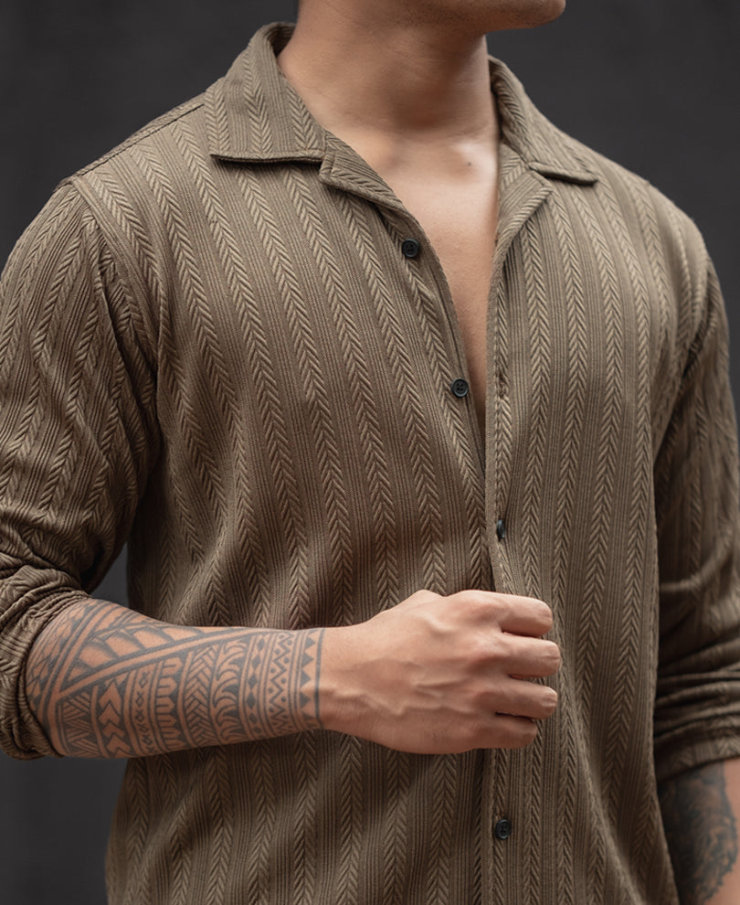 Brown Structured Regular Fit Full Sleeves Shirt