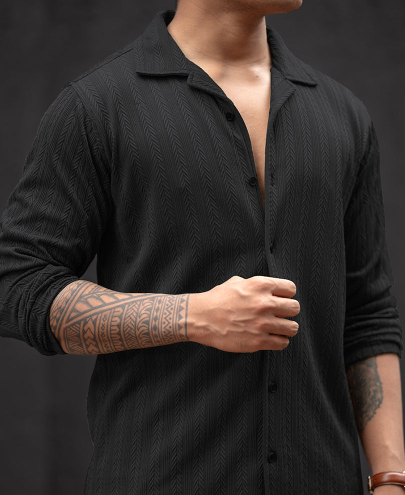 Black Structured Regular Fit Full Sleeves Shirt