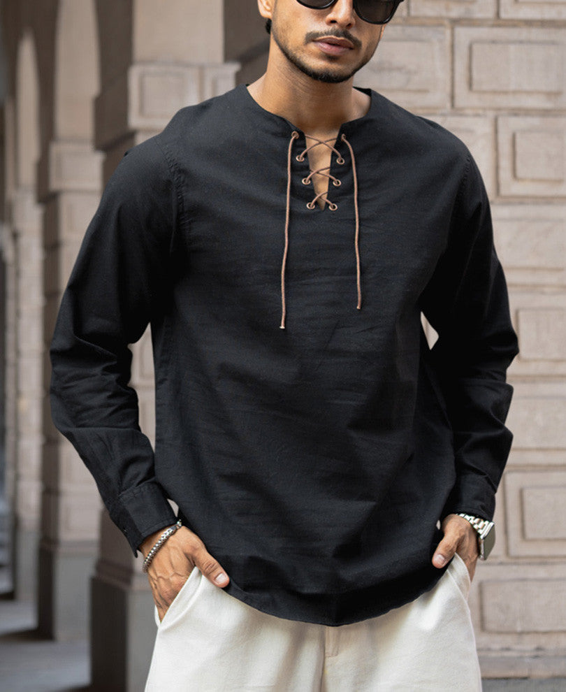 Black Regular Fit Kurta Style Full Sleeves Shirt