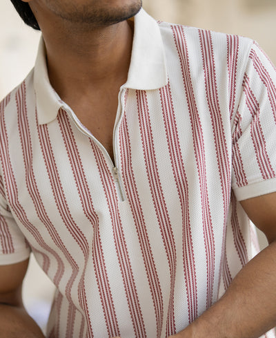 Off-White And Maroon Stripe Regular Fit Half Sleeves T-Shirt