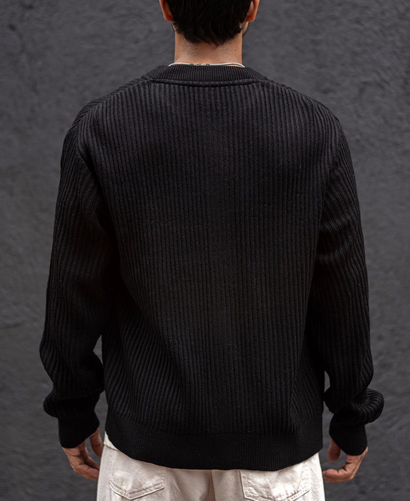 Black Knit Regular Fit Full Sleeves Bomber Jacket