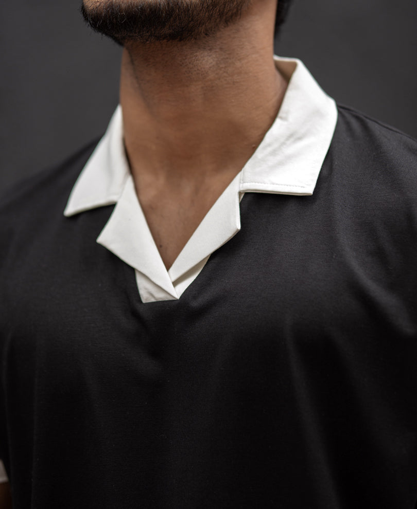 Black Cuban Collar Regular Fit Half Sleeves T-Shirt