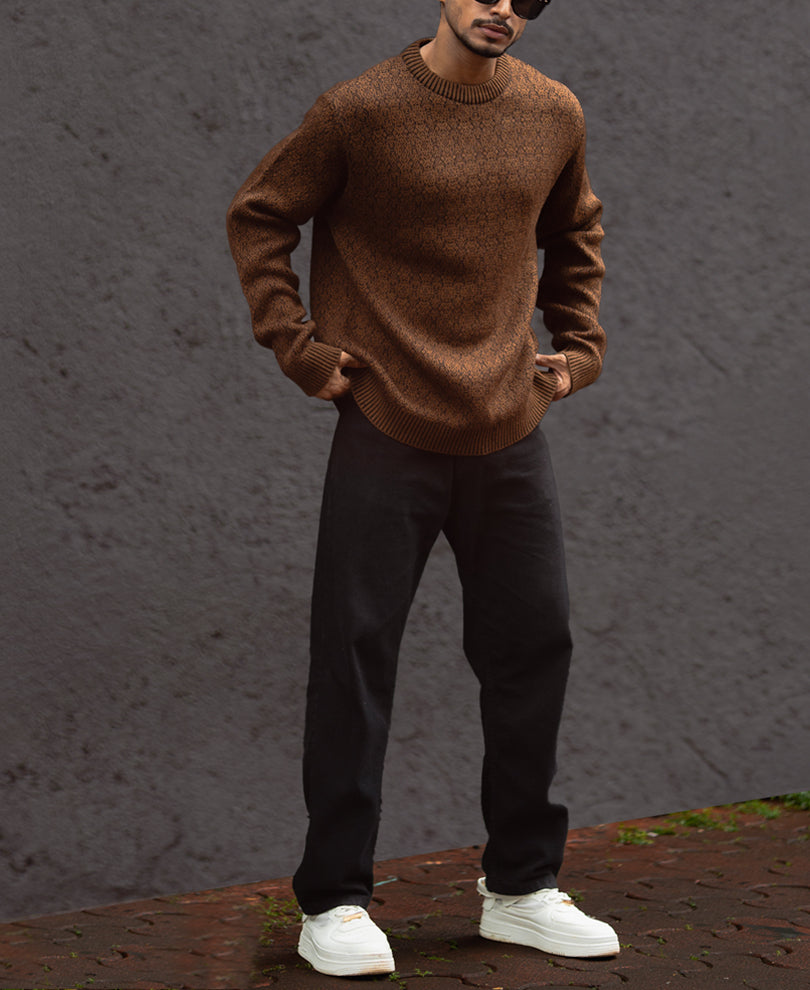 Brown Regular Fit Full Sleeves Round Neck Sweater