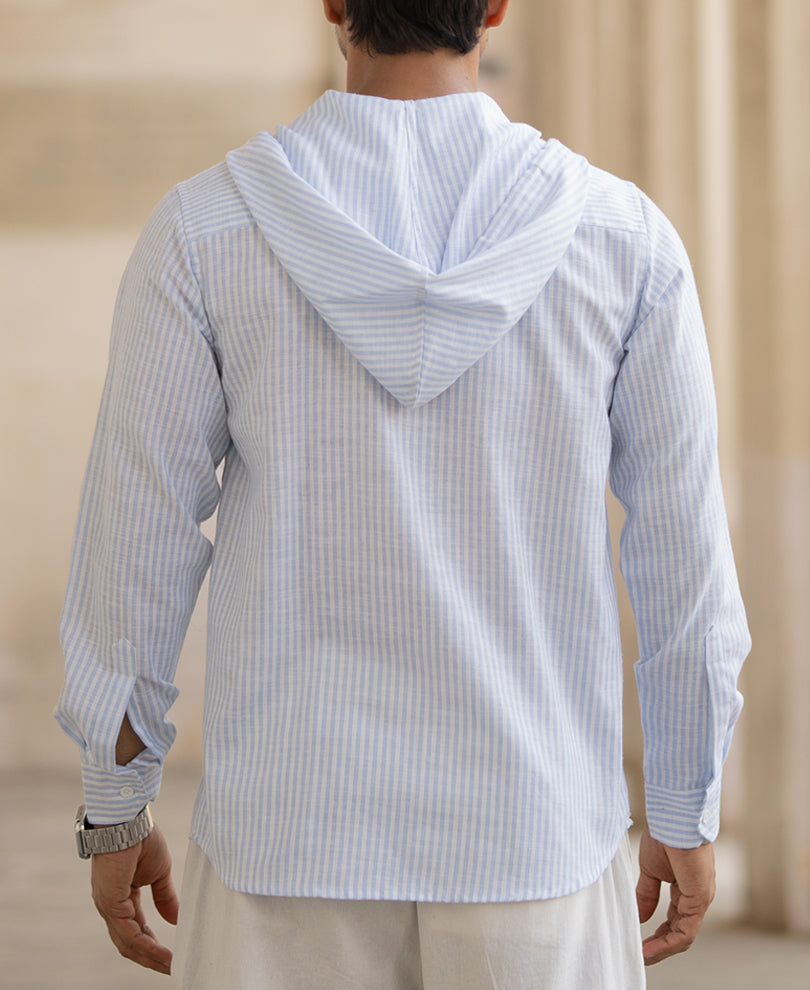 Light Blue Striped Hooded Shirt