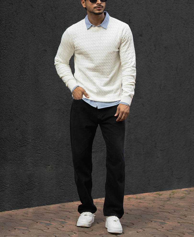 White Flat Knit Regular Fit Full Sleeves T-Shirt
