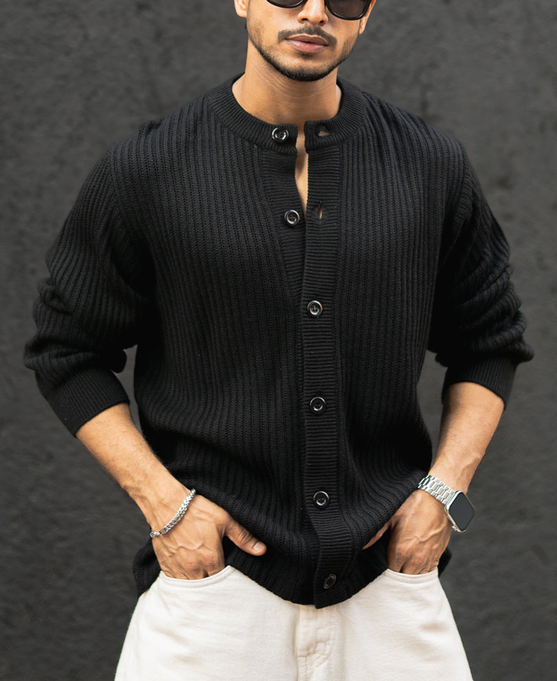 Black Regular Fit Full Sleeves Sweater Jacket