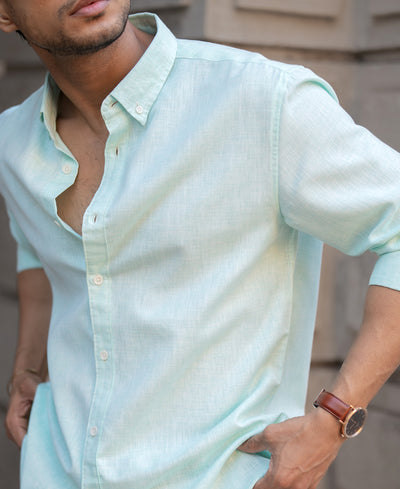 Light Green Plain Regular Fit Full Sleeves Shirt