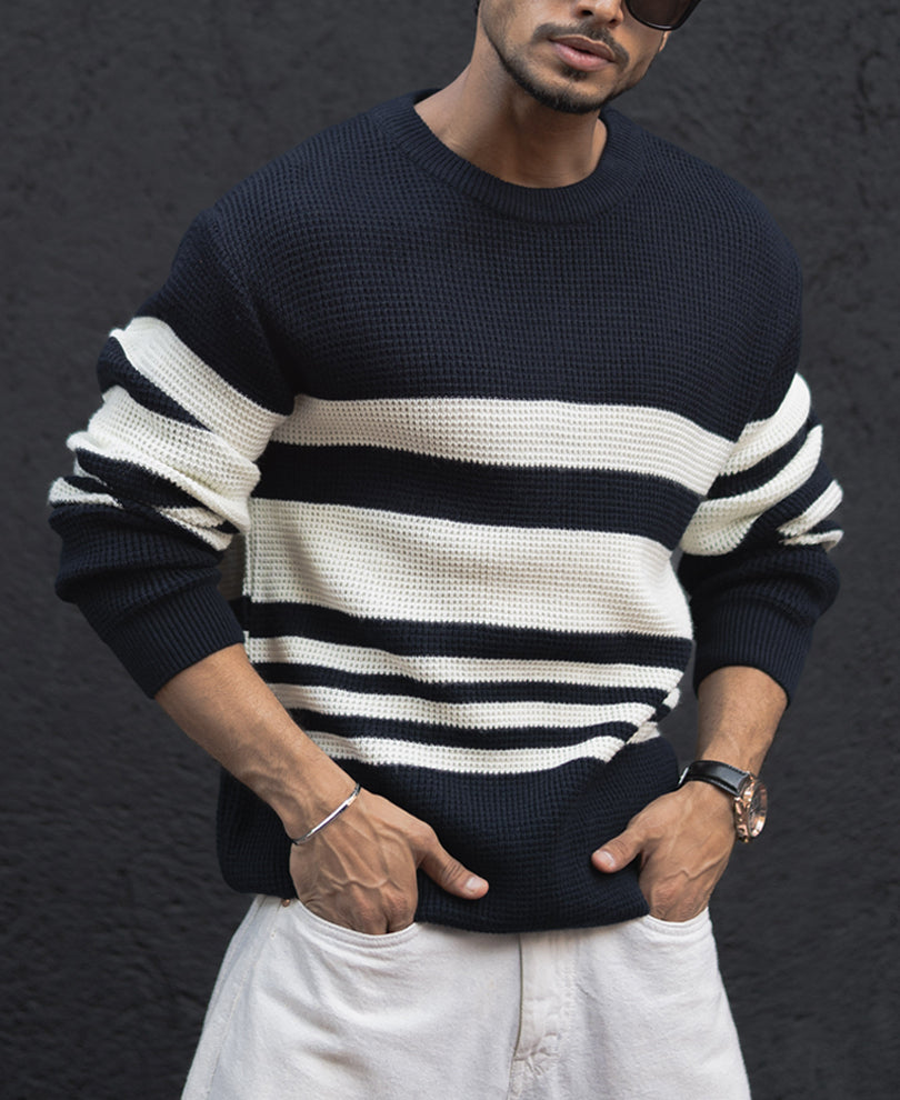 Navy Blue And White Stripes Regular Fit Full Sleeves T-Shirt