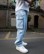 Ice Blue Baggy Fit Distressed Cargo Jeans