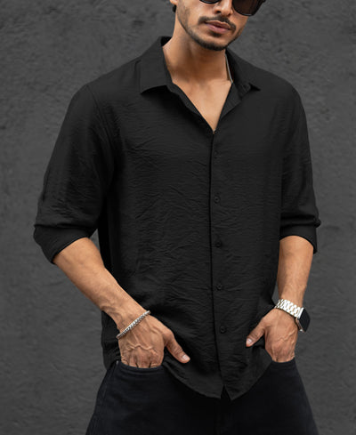 Plain Black Regular Fit Full Sleeves Shirt