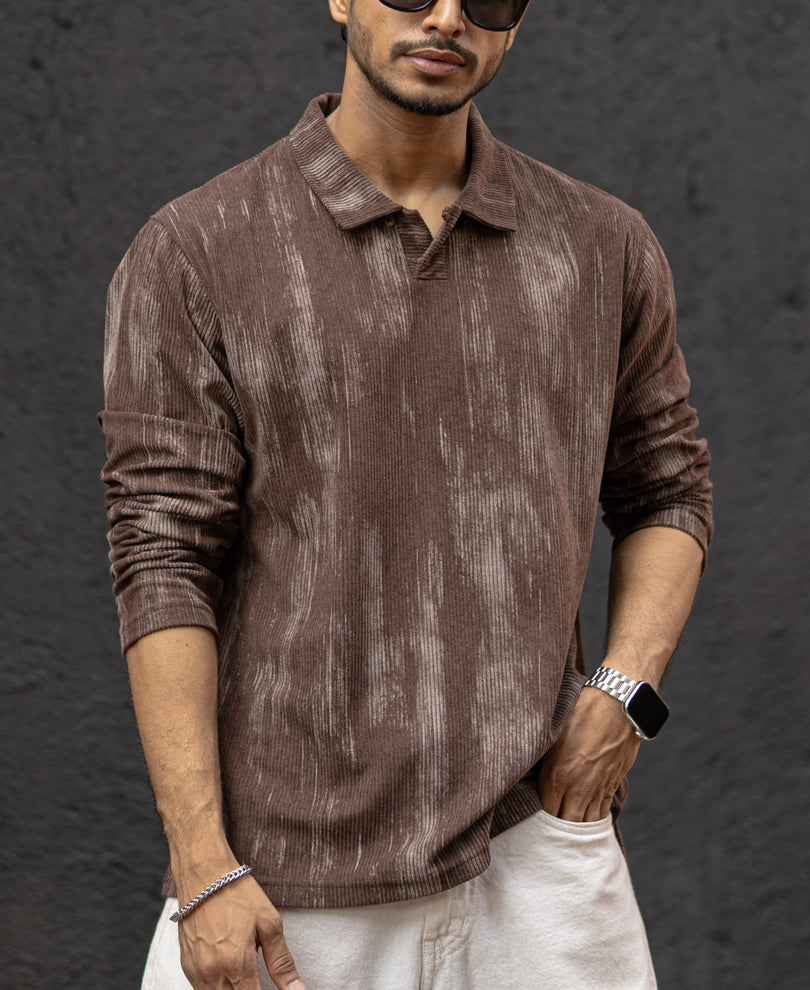 Brown Corduroy Regular Fit Full Sleeves T-Shirt