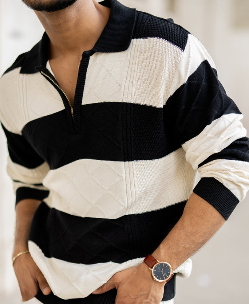 Black And Off-White Regular Fit Full Sleeves T-Shirt