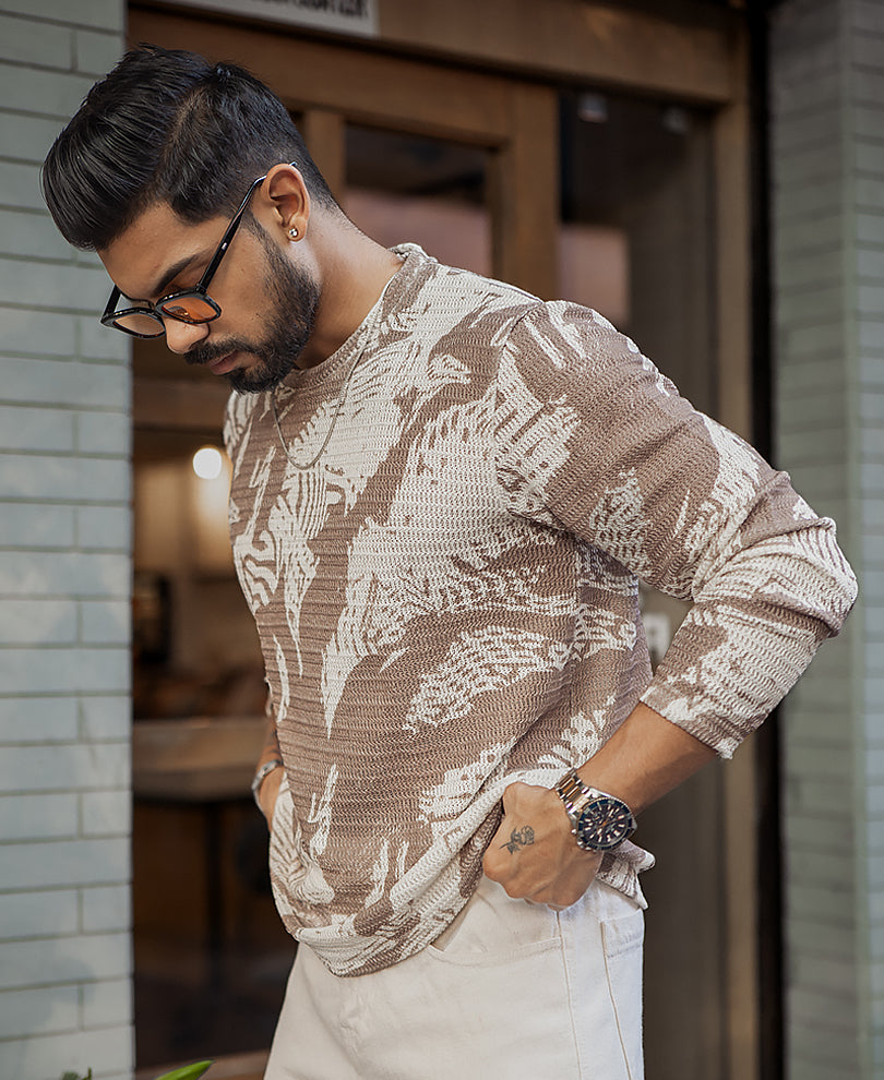 Off-White And Brown Regular Fit Printed Full Sleeves T-Shirt