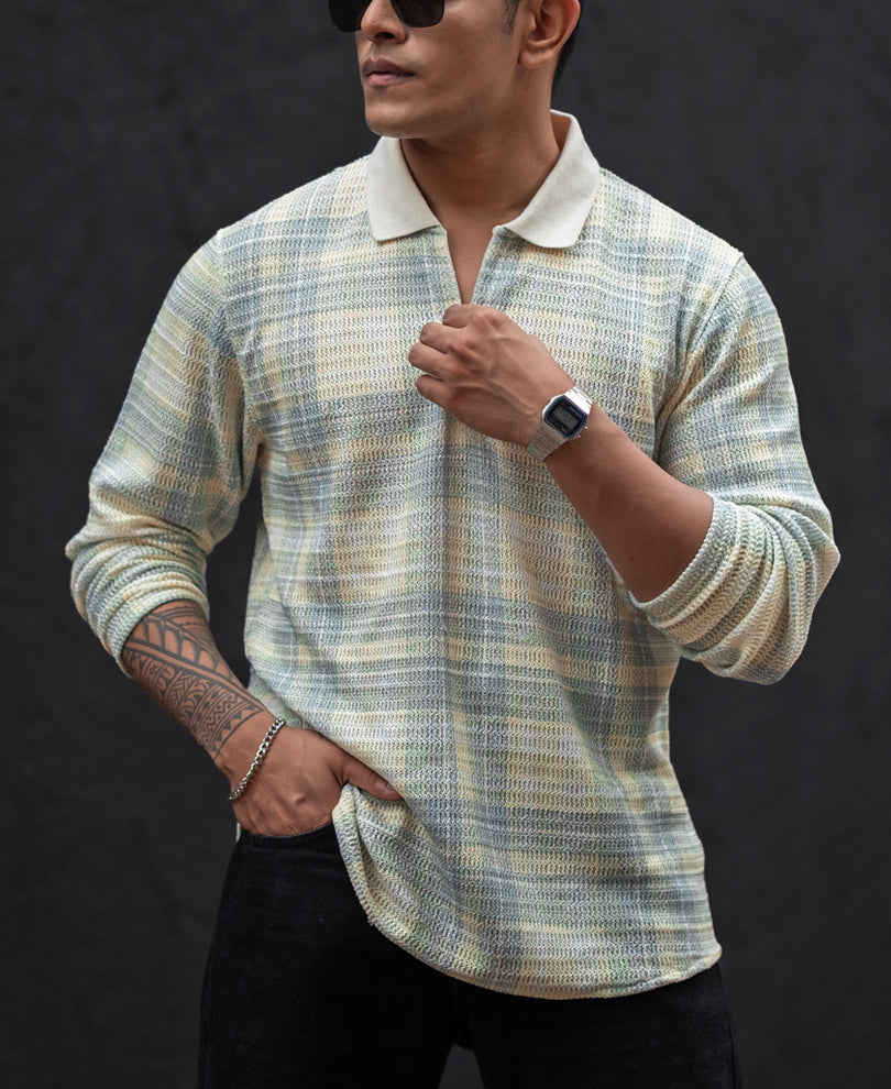 Cream Regular Fit Full Sleeves Collar T-Shirt