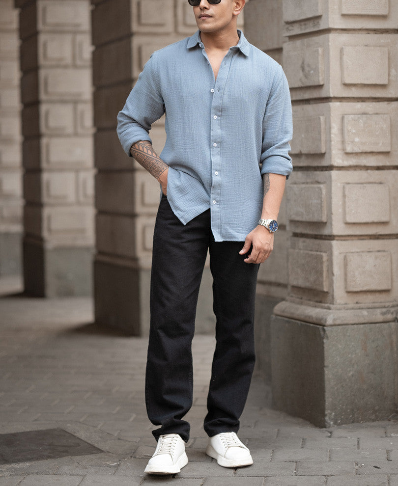 Grey Crinkled Regular Fit Full Sleeves Shirt