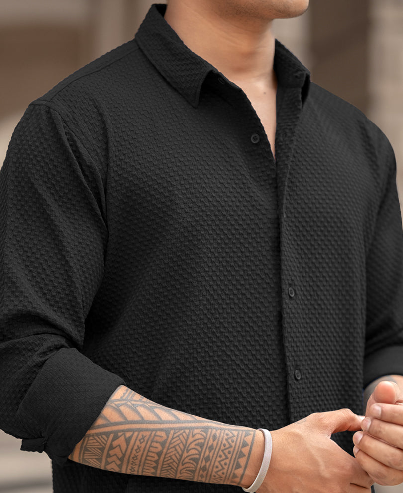 Black Waffle Structured Regular Fit Full Sleeves Shirt