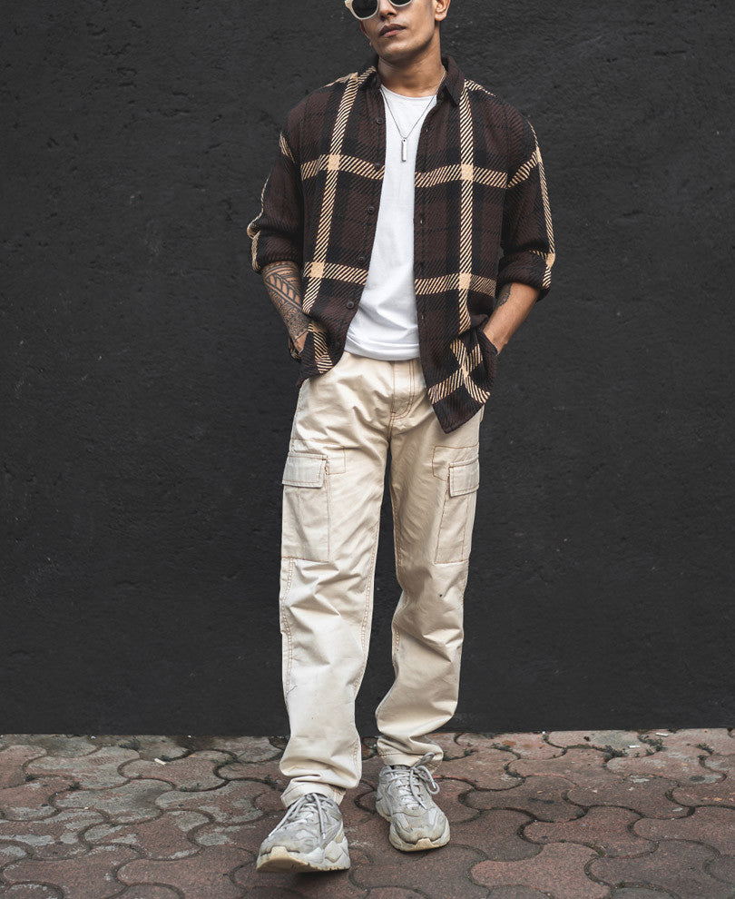 Dark Brown and Beige Flannel Checks Oversized Shirt