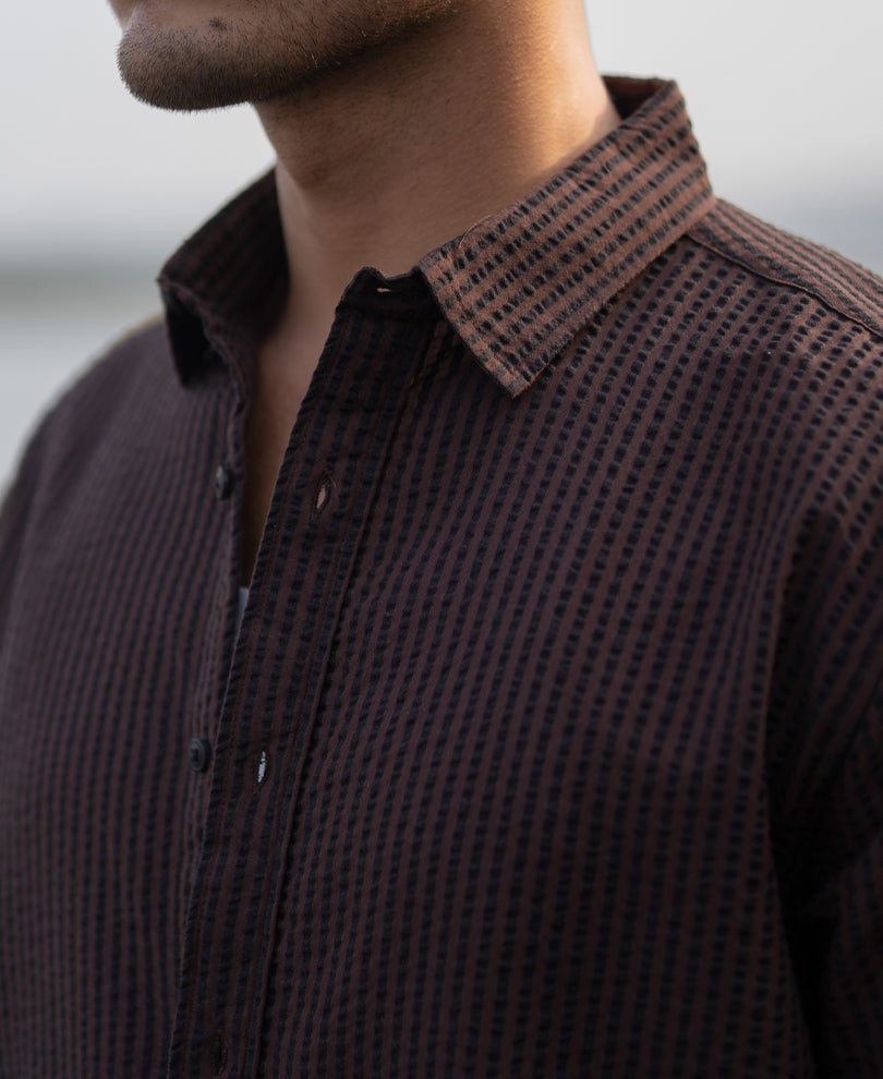 Brown Seer Sucker Stripe Shirt.