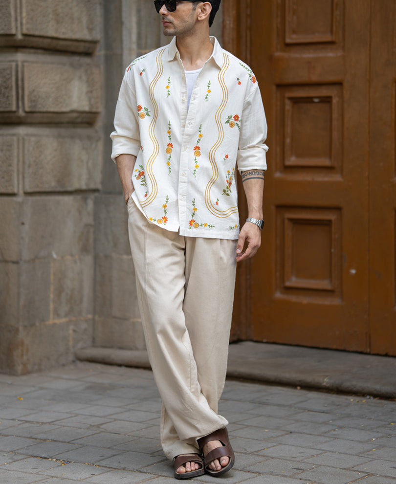 Natural Linen Blend Print Shirt.