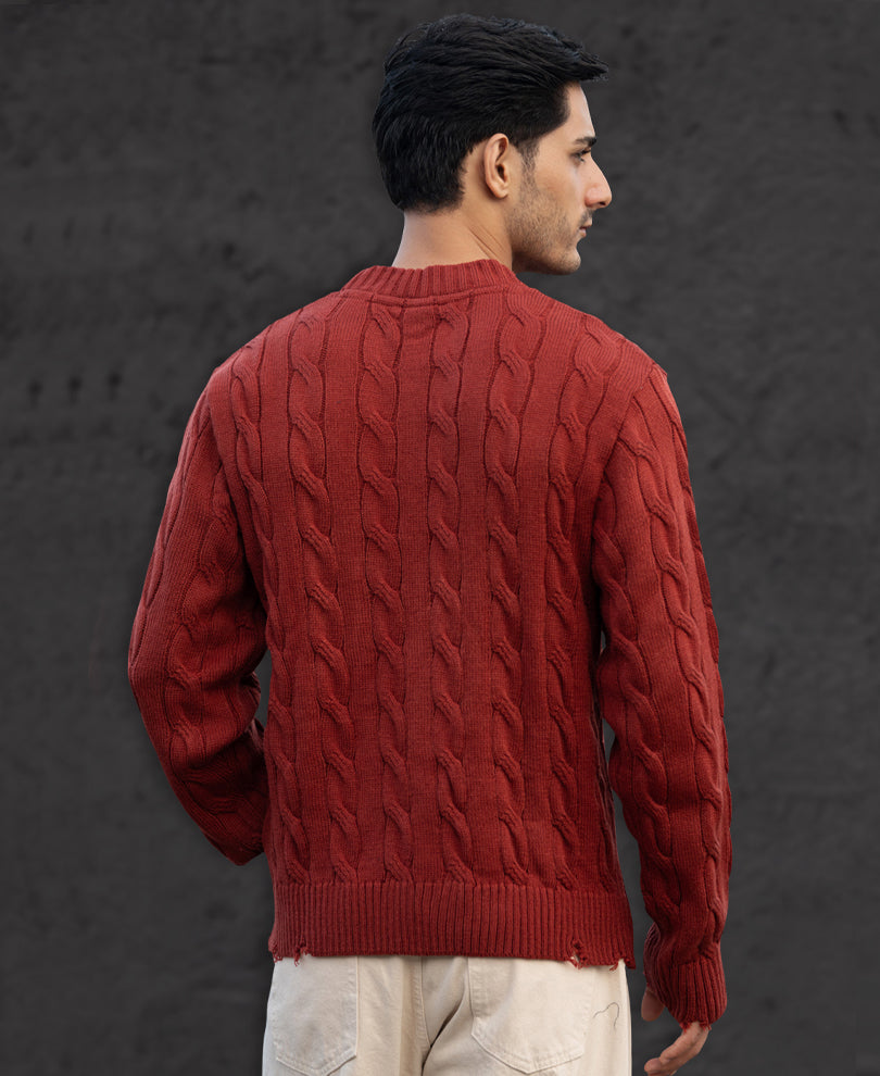 Ochre Distressed Cable Knit Sweater