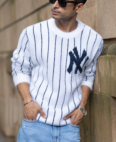 White Striped Fuzzy Sweater