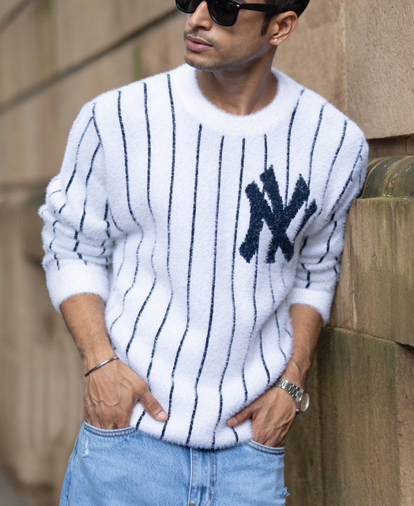 White Striped Fuzzy Sweater