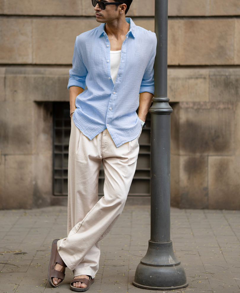 Light Blue Crinkled Cotton Shirt