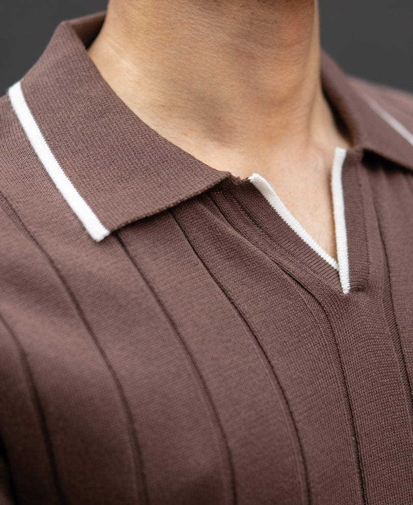 Brown Structured Knit Polo T-Shirt.