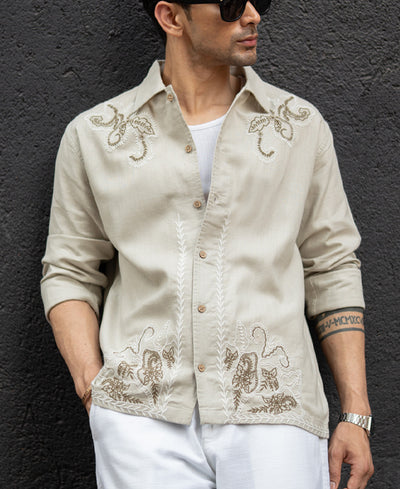 Beige Floral Embroidery Shirt