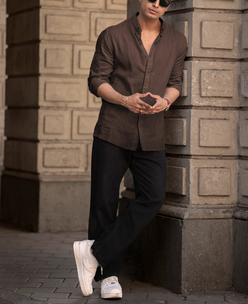 Brown Linen Blend Shirt.