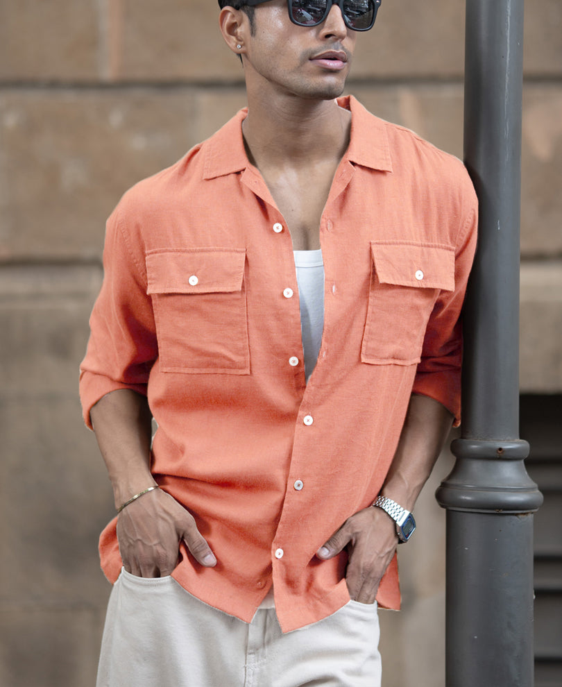 Peach Linen Double Pocket Shirt
