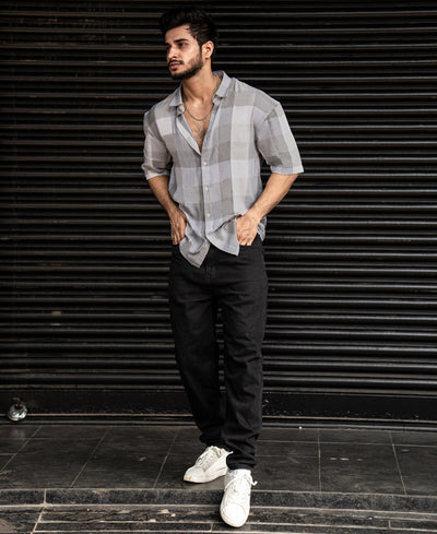 Light Grey Checks Oversize Drop Shoulder Shirt