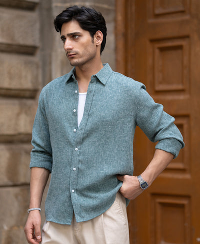 Teal Structured Linen Blend Shirt.